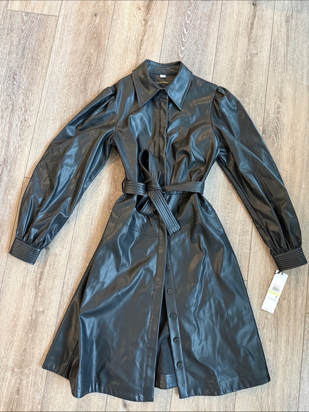 Calvin Klein Black Faux Leather Belted Long-Sleeve Shirt Dress
